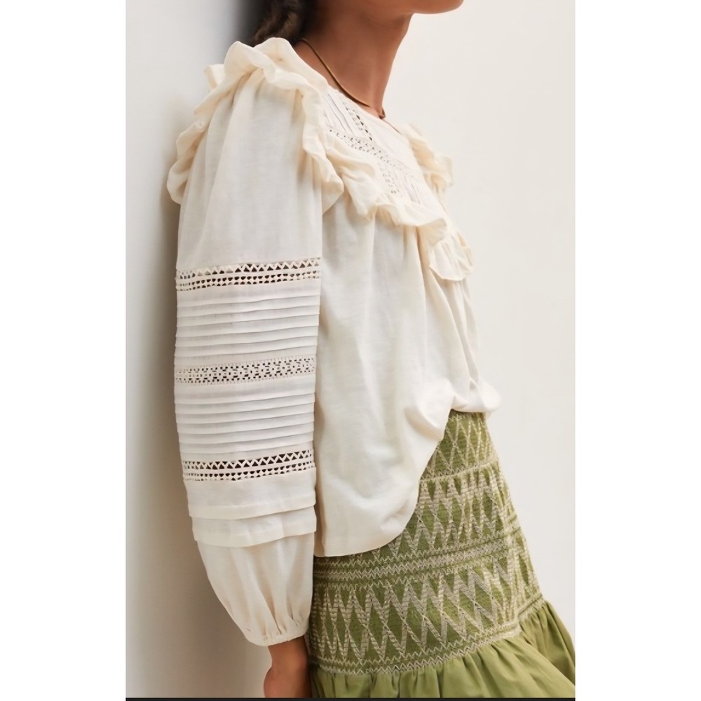 Women's Anthropologie Large Cream Ruffle Eyelet Lace Blouse Boho Peasant Pirate